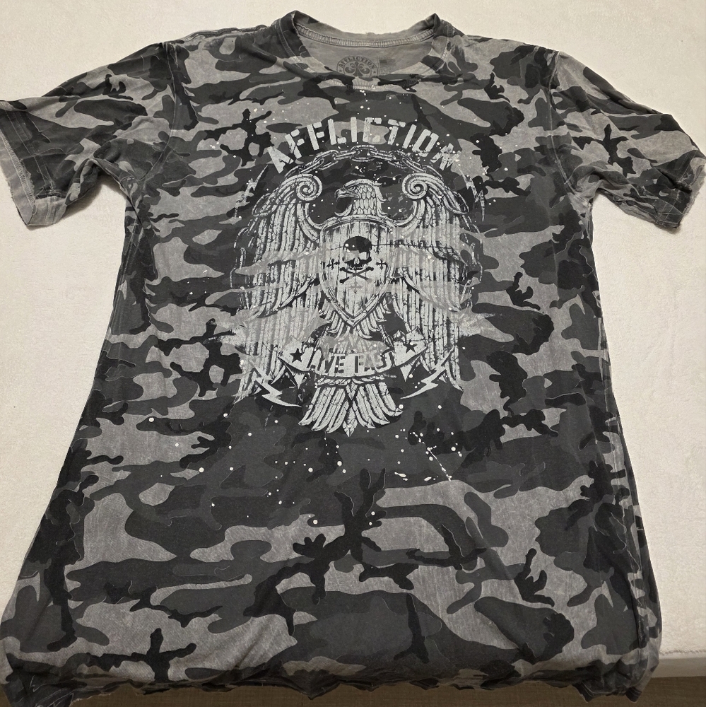Affliction Gray and Black Camouflage Tee